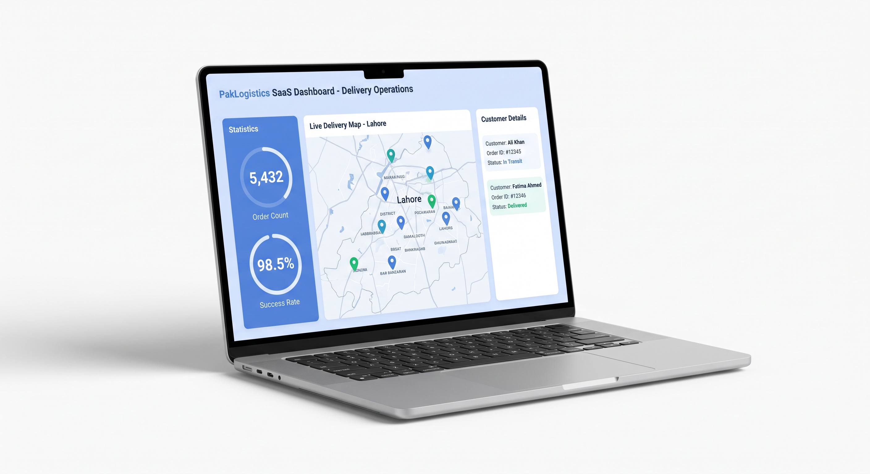 Nishan operator dashboard showing a live delivery map of Lahore with order statistics, success rate and customer details