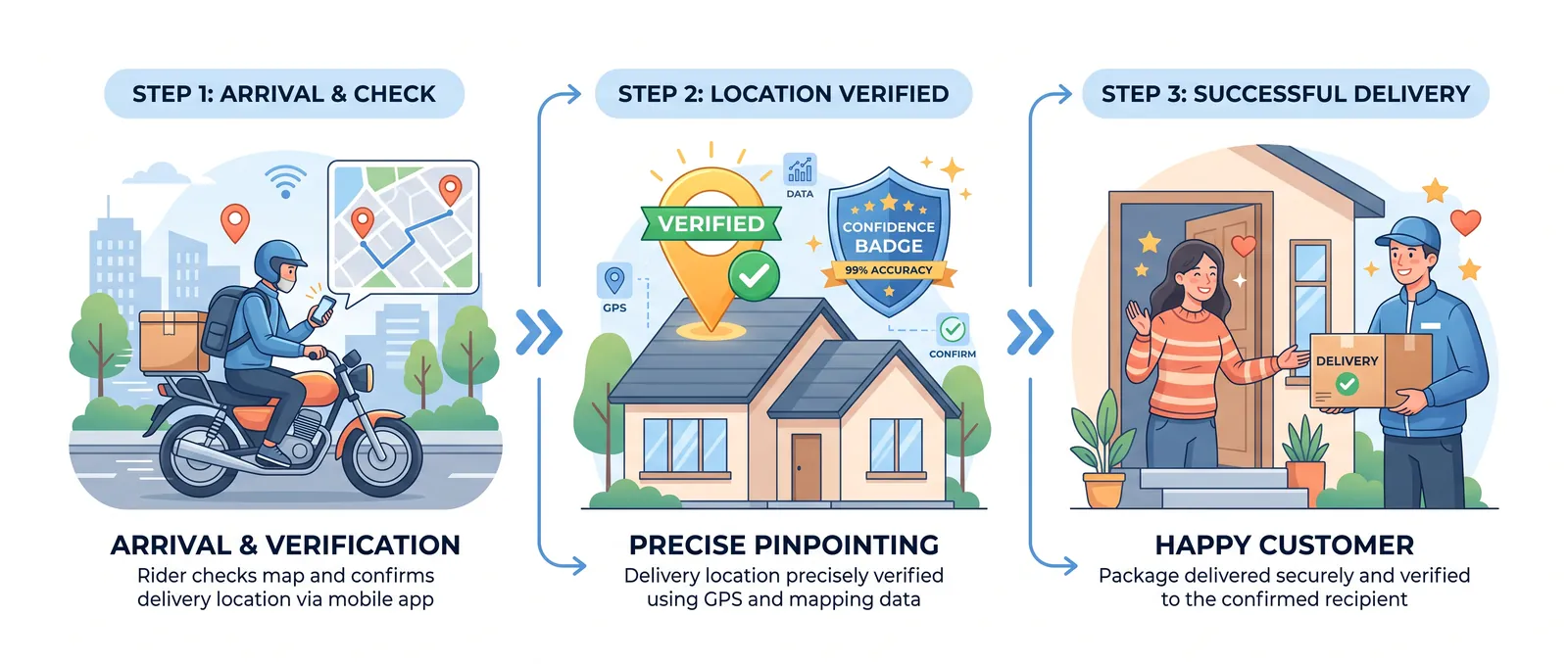 Three-step infographic: 1) Rider arrives and verifies the location in the app, 2) Nishan records the precise pin with a confidence badge, 3) The customer receives the package at the verified door