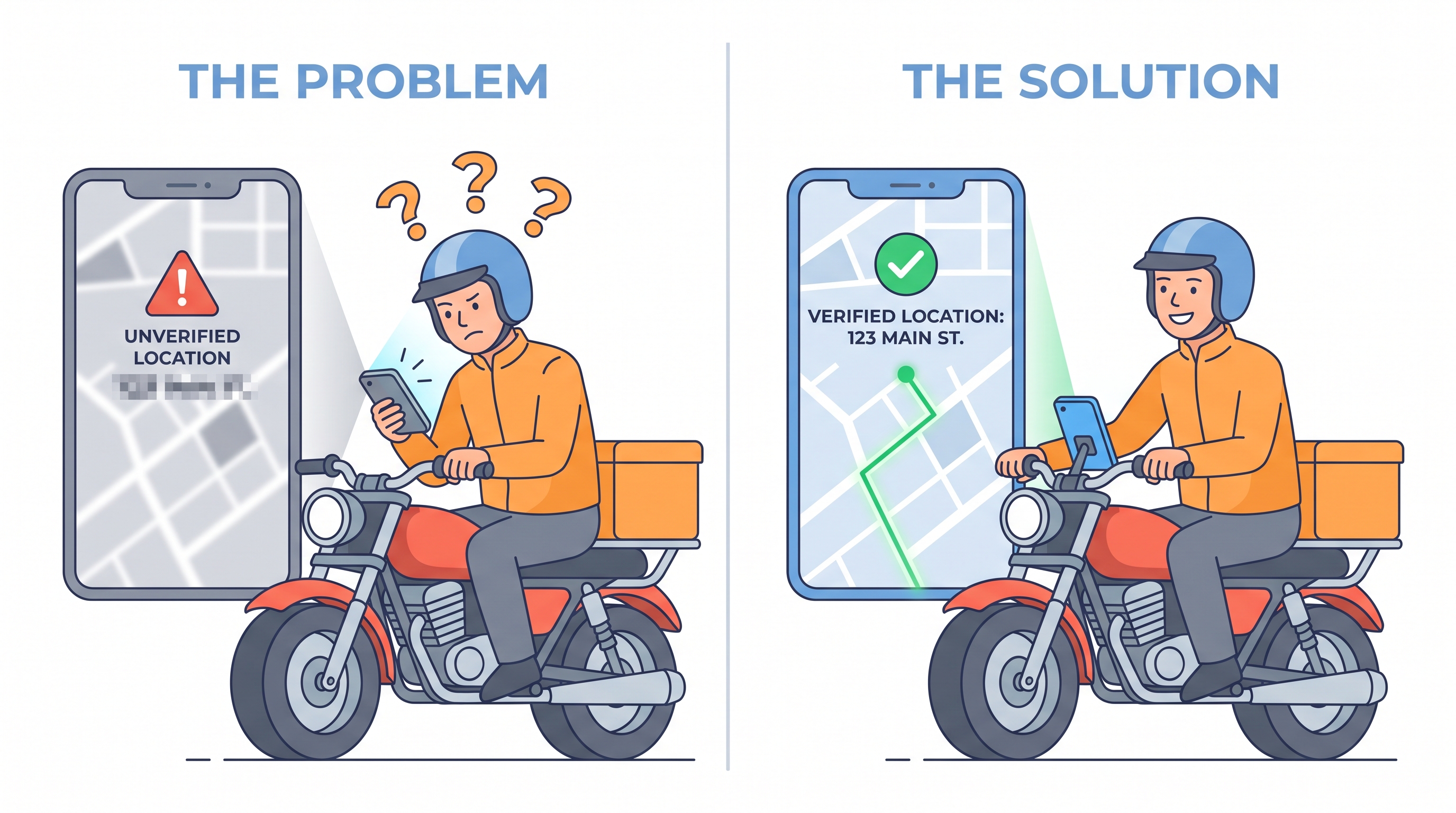 Side-by-side illustration: on the left, a confused delivery rider staring at a phone showing an unverified location; on the right, the same rider smiling and following a verified route to a known address
