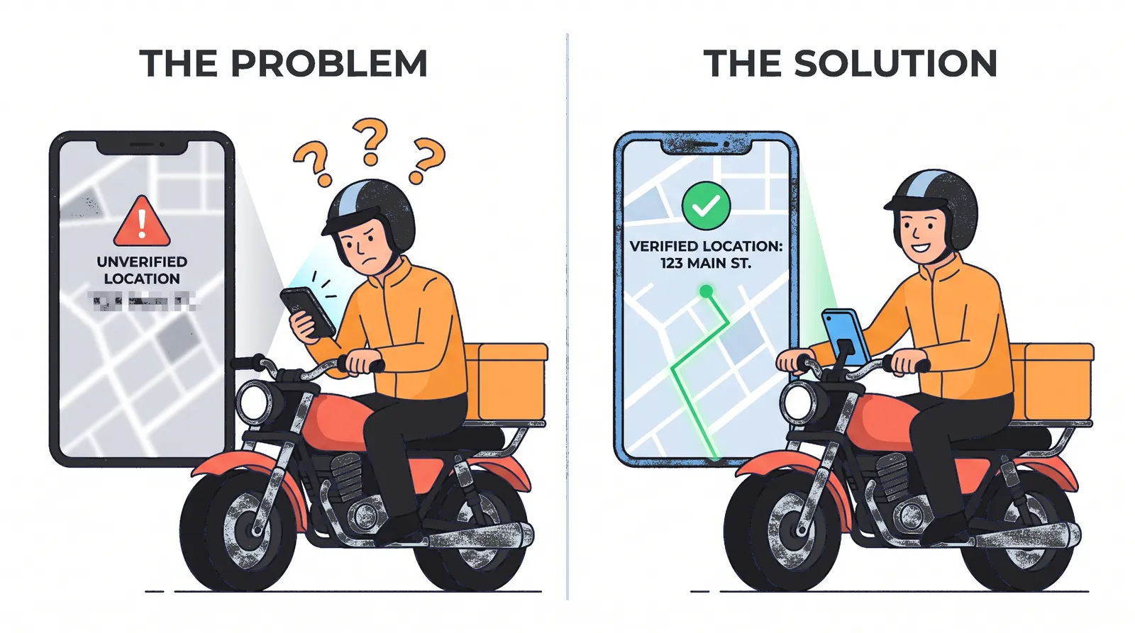 Side-by-side illustration: on the left, a confused delivery rider staring at a phone showing an unverified location; on the right, the same rider smiling and following a verified route to a known address