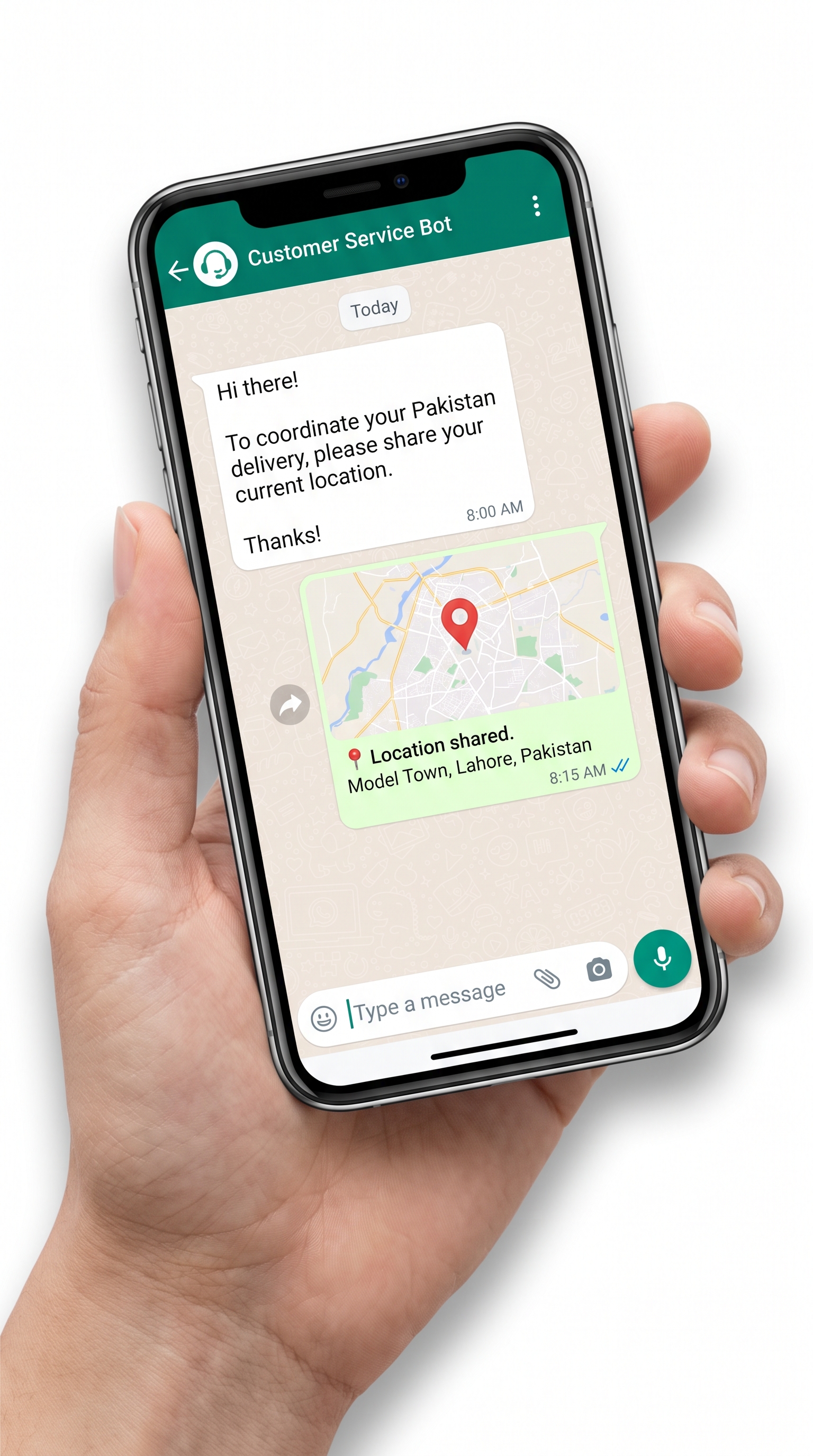 Hand holding a smartphone showing a WhatsApp chat where a customer service bot asks the customer to share their location, and a pin on Model Town, Lahore has just been shared