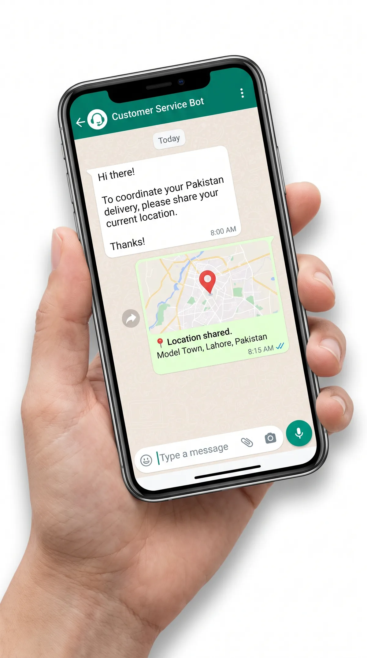 Hand holding a smartphone showing a WhatsApp chat where a customer service bot asks the customer to share their location, and a pin on Model Town, Lahore has just been shared