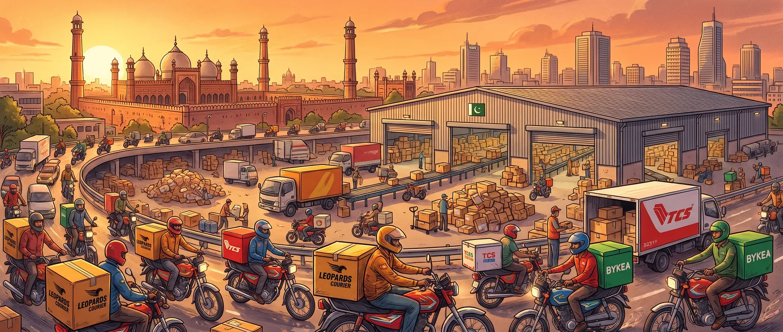Wide illustration of a busy delivery operation in a Pakistani city at sunset, with delivery riders on motorcycles, a sorting warehouse, and a city skyline